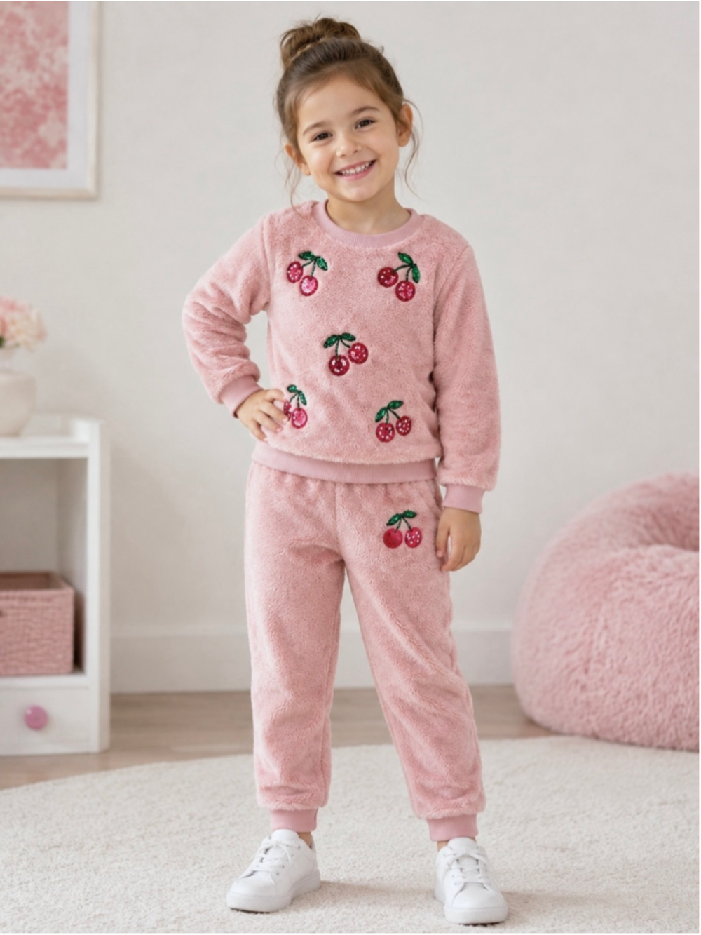 Derek Heart Girls Pink Cherry Sequin Sherpa Fleece Sweatshirt & Jogger Set
